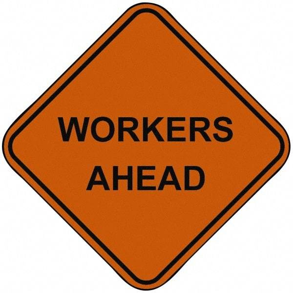 PRO-SAFE - "Workers Ahead", 48" Wide x 48" High, Nylon Construction Roadway Signs - Orange, Square, Sign Stand Mount - Benchmark Tooling