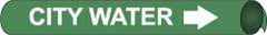 NMC - Pipe Marker with City Water Legend and Arrow Graphic - 1-1/8 to 2-3/8" Pipe Outside Diam, White on Green - Benchmark Tooling