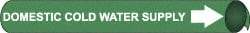 NMC - Pipe Marker with Domestic Cold Water Supply Legend and Arrow Graphic - 1-1/8 to 2-3/8" Pipe Outside Diam, White on Green - Benchmark Tooling
