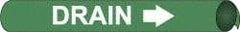 NMC - Pipe Marker with Drain Legend and Arrow Graphic - 3-3/8 to 4-1/2" Pipe Outside Diam, White on Green - Benchmark Tooling