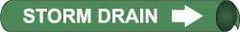 NMC - Pipe Marker with Storm Drain Legend and Arrow Graphic - 3-3/8 to 4-1/2" Pipe Outside Diam, White on Green - Benchmark Tooling