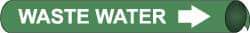 NMC - Pipe Marker with Waste Water Legend and Arrow Graphic - 1-1/8 to 2-3/8" Pipe Outside Diam, White on Green - Benchmark Tooling