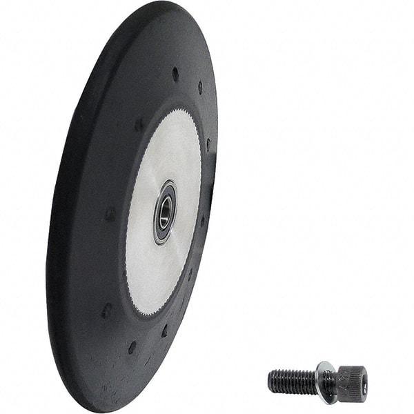 Dynabrade - 4" Diam x 1/2" Wide Contact Wheel Assembly - 1/4" Arbor Hole, Radiused, 70 Duro Rubber Face - Benchmark Tooling