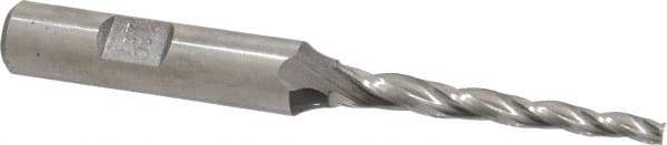 Made in USA - 1.5° Taper Angle per Side, 1/8" Small End Diam, 1-1/2" LOC, High Speed Steel 3 Flute Tapered Square End Mill - 3-1/4" OAL, 3/8" Shank Diam, Spiral Flute - Benchmark Tooling