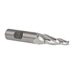 Made in USA - 7° Taper Angle per Side, 3/16" Small End Diam, 1-1/4" LOC, High Speed Steel 3 Flute Tapered Square End Mill - 3-1/8" OAL, 1/2" Shank Diam, Spiral Flute - Benchmark Tooling