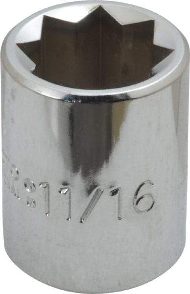 Proto - 11/16", 1/2" Drive, Standard Hand Socket - 8 Points, 1-1/2" OAL, Alloy Steel, Chrome Finish - Benchmark Tooling