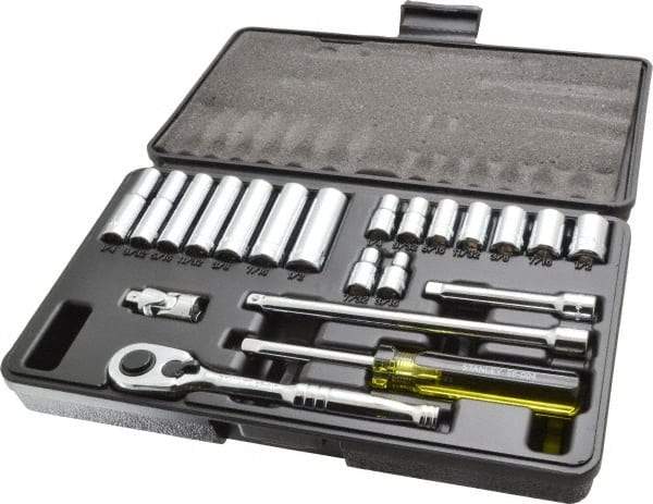 Stanley - 21 Piece 1/4" Drive Chrome Finish Deep Well Socket Set - 6 Points, 3/16" to 1/2" Range, Inch Measurement Standard - Benchmark Tooling