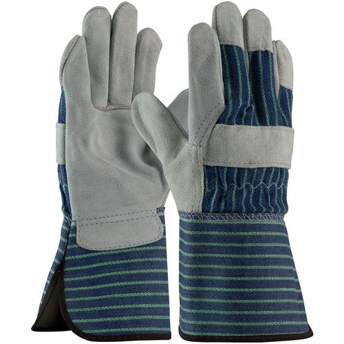 82-7663/L Split Leather Palm - Silver Series - A/B Select Shoulder - Bl./Green Striped - Rubberized GT - Exact Industrial Supply