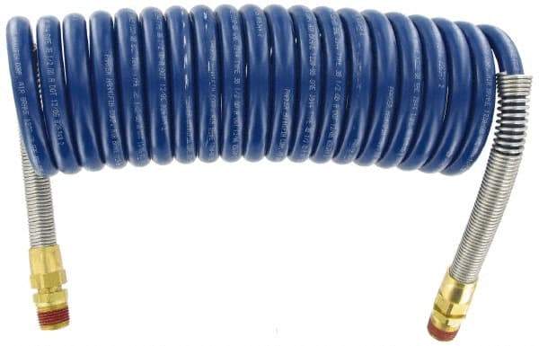 Parker - 3/8" ID, 1/2 x 1/2 Thread, 15' Long, Blue SAE J844 Type B Nylon Coiled & Self Storing Hose - 150 Max psi, Parker NTA Brass Fittings - Benchmark Tooling