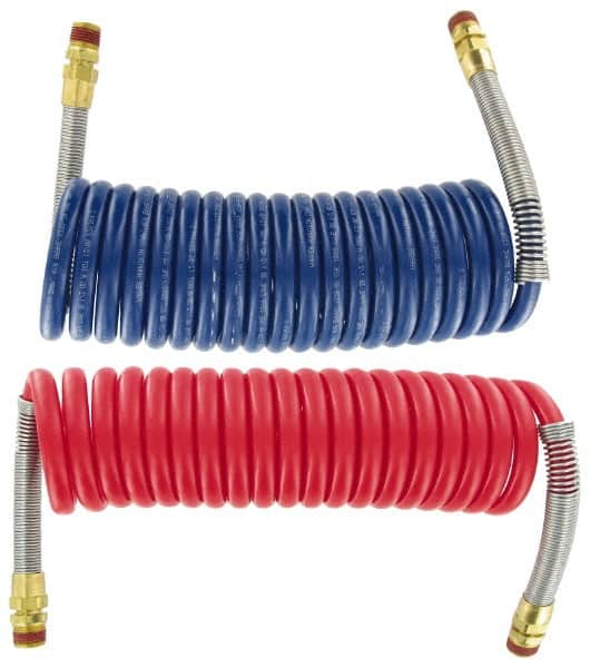 Parker - 3/8" ID, 1/2 x 1/2 Thread, 15' Long, (1) Red & (1) Blue SAE J844 Type B Nylon Coiled & Self Storing Hose - 150 Max psi, Parker NTA Brass Fittings - Benchmark Tooling