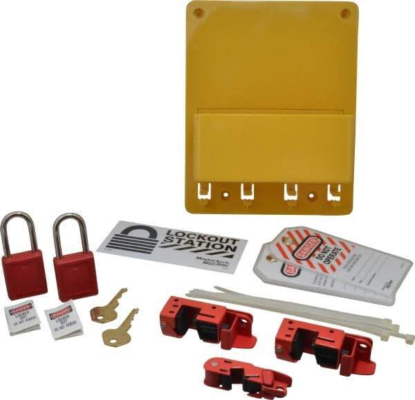 Master Lock - Equipped Polycarbonate Electrical Lockout Station - 7-3/4 Inch Wide x 9-3/4 Inch High x 2-7/8 Inch Deep, Yellow - Benchmark Tooling