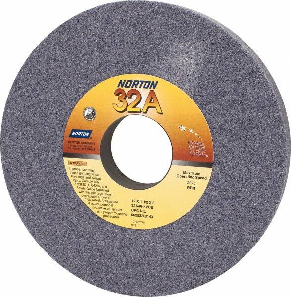 Norton - 12" Diam x 3" Hole x 1-1/2" Thick, H Hardness, 46 Grit Surface Grinding Wheel - Aluminum Oxide, Type 1, Coarse Grade, 2,070 Max RPM, Vitrified Bond, No Recess - Benchmark Tooling