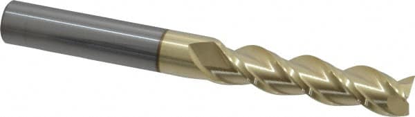 Accupro - 3/8", 1-1/2" LOC, 3/8" Shank Diam, 3-1/2" OAL, 3 Flute, Solid Carbide Square End Mill - Single End, ZrN Finish, Spiral Flute, 40° Helix, Centercutting, Right Hand Cut, Right Hand Flute - Benchmark Tooling