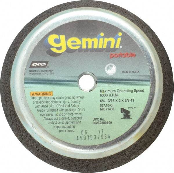 Norton - 6" Diam, 2" Overall Thickness, 16 Grit, Type 11 Tool & Cutter Grinding Wheel - Very Coarse Grade, Aluminum Oxide, Q Hardness, 6,000 RPM - Benchmark Tooling