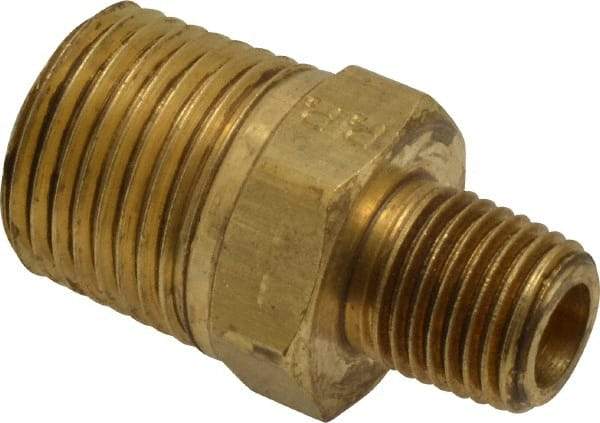 Parker - 1/2 x 1/4 Male Thread, Brass Industrial Pipe Hex Nipple - MNPTF, 1,000 psi - Benchmark Tooling