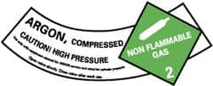 NMC - Hazardous Materials Label - Legend: Argon - Compressed - Caution! - High Pressure - Non Flammable - Gas 2, English, Green, Black & White, 5-1/4" Long x 2" High, Sign Muscle Finish - Benchmark Tooling