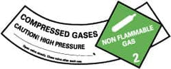 NMC - Hazardous Materials Label - Legend: Compressed Gases - Caution! - High Pressure - Non Flammable - Gas 2, English, Green, Black & White, 5-1/4" Long x 2" High, Sign Muscle Finish - Benchmark Tooling