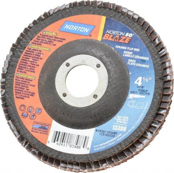 Norton - 60 Grit, 4-1/2" Disc Diam, 7/8" Center Hole, Type 29 Ceramic Flap Disc - 13,000 Max RPM, Fiberglass Backing, Arbor Attaching System, Coated - Benchmark Tooling