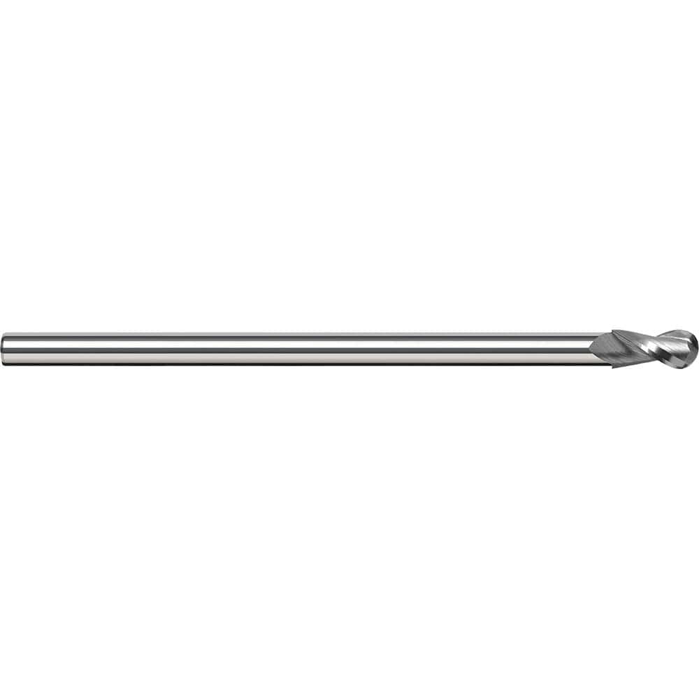 Ball End Mill: 0.125″ Dia, 0.187″ LOC, 2 Flute, Solid Carbide 2-1/2″ OAL, 30 ° Helix, Uncoated, Single End
