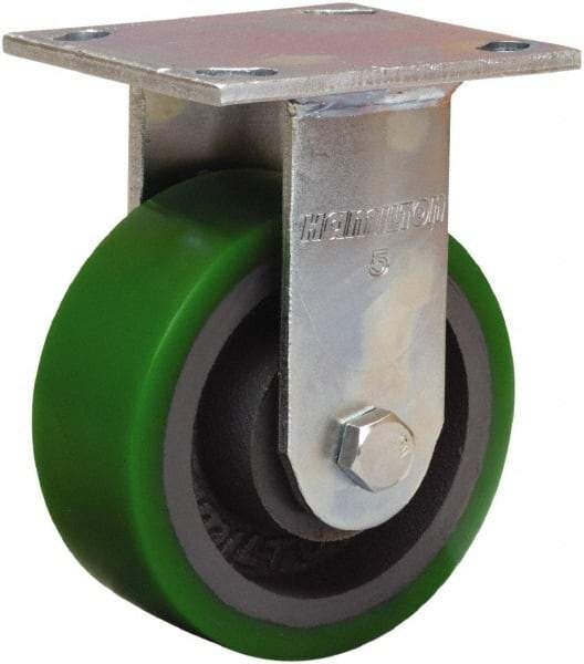 Hamilton - 5" Diam x 2" Wide x 7" OAH Top Plate Mount Rigid Caster - Polyurethane Mold onto Cast Iron Center, 1,050 Lb Capacity, Sealed Precision Ball Bearing, 4 x 4-1/2" Plate - Benchmark Tooling