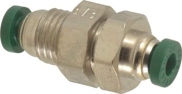 Parker - 5/32" Outside Diam, Nickel Plated Brass Push-to-Connect Tube Bulkhead Union - 300 Max psi, Tube to Tube Connection, Buna-N O-Ring - Benchmark Tooling