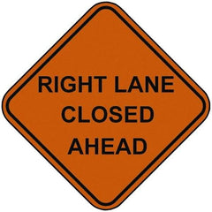 PRO-SAFE - "Right Lane Closed Ahead", 48" Wide x 48" High, Nylon Construction Roadway Signs - Orange, Square, Sign Stand Mount - Benchmark Tooling