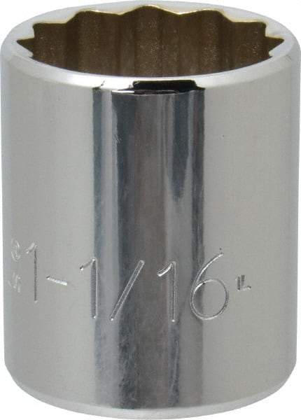 Proto - 1-1/16", 1/2" Drive, Standard Hand Socket - 12 Points, 1-5/8" OAL, Chrome Finish - Benchmark Tooling