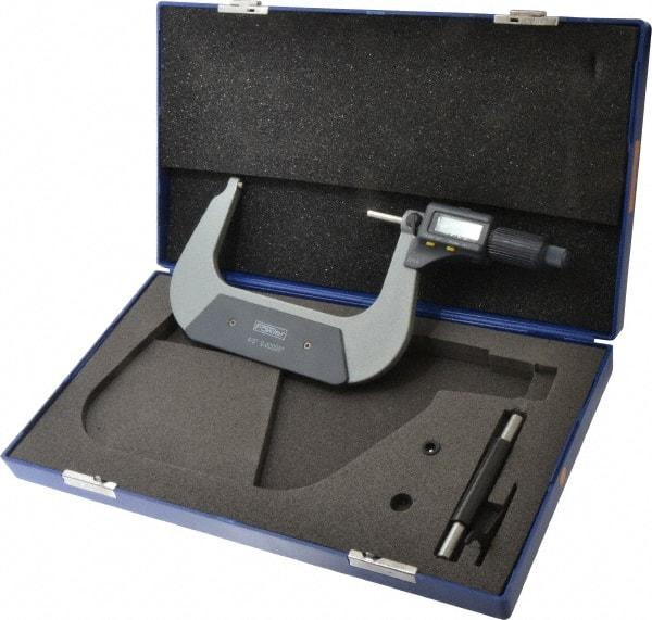 Fowler - 4 to 5 Inch Range, 0.0001 Inch Resolution, Standard Throat, IP54 Electronic Outside Micrometer - 0.0002 Inch Accuracy, Friction Thimble, 357 Battery, Data Output, Includes Case and Wrench - Benchmark Tooling