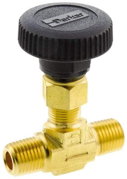 Parker - 3,000 Max psi, 3/8" Pipe, Brass, Inline Instrumentation Needle Valve - MNPT x MNPT End Connections - Benchmark Tooling
