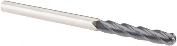 Niagara Cutter - 1/4" Diam, 1-1/2" LOC, 4 Flute Solid Carbide Ball End Mill - TiAlN Finish, Single End, 4" OAL, 1/4" Shank Diam, Spiral Flute - Benchmark Tooling