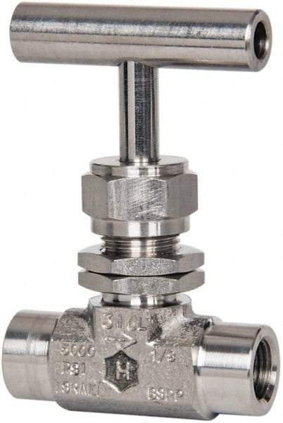 Ham-Let - 5,000 Max psi, 1/4" Pipe, 316 Grade Stainless Steel, Inline Stem Vee Instrumentation Needle Valve - FNPT x FNPT End Connections, Swaglok SS-1VF4-SH - Benchmark Tooling