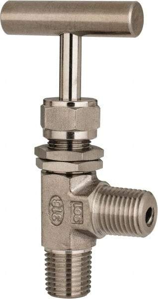 Ham-Let - 5,000 Max psi, 1/4" Pipe, 316 Grade Stainless Steel, Angled Instrumentation Needle Valve - MNPT x MNPT End Connections, Swaglok SS-1RM4-A - Benchmark Tooling