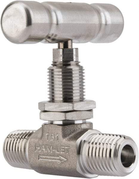 Ham-Let - 5,000 Max psi, 1/4" Pipe, 316 Grade Stainless Steel, Inline Stem Vee Instrumentation Needle Valve - MNPT x MNPT End Connections, Swaglok SS-1VM4-SH - Benchmark Tooling