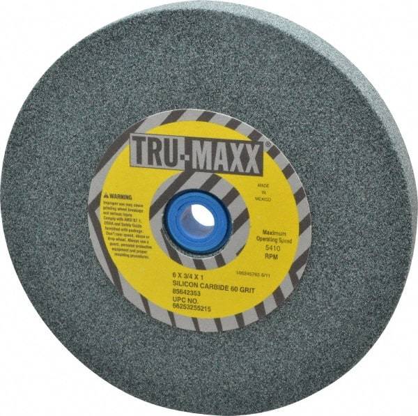 Tru-Maxx - 60 Grit Silicon Carbide Bench & Pedestal Grinding Wheel - 6" Diam x 1" Hole x 3/4" Thick, 5410 Max RPM, K Hardness, Medium Grade , Vitrified Bond - Benchmark Tooling