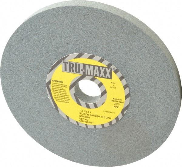 Tru-Maxx - 120 Grit Silicon Carbide Bench & Pedestal Grinding Wheel - 7" Diam x 1" Hole x 1/2" Thick, 3600 Max RPM, K Hardness, Fine Grade , Vitrified Bond - Benchmark Tooling