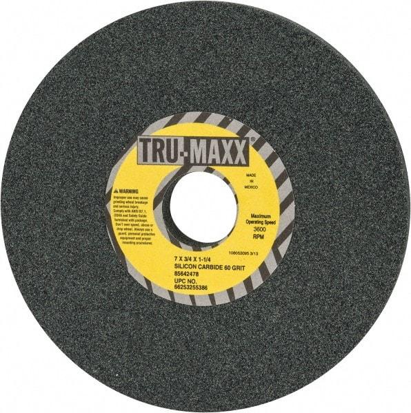 Tru-Maxx - 60 Grit Silicon Carbide Bench & Pedestal Grinding Wheel - 7" Diam x 1-1/4" Hole x 3/4" Thick, 3600 Max RPM, K Hardness, Medium Grade , Vitrified Bond - Benchmark Tooling