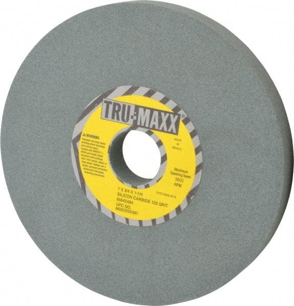 Tru-Maxx - 120 Grit Silicon Carbide Bench & Pedestal Grinding Wheel - 7" Diam x 1-1/4" Hole x 3/4" Thick, 3600 Max RPM, K Hardness, Fine Grade , Vitrified Bond - Benchmark Tooling