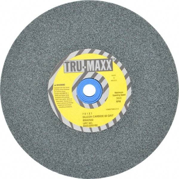 Tru-Maxx - 60 Grit Silicon Carbide Bench & Pedestal Grinding Wheel - 7" Diam x 1" Hole x 1" Thick, 3600 Max RPM, K Hardness, Medium Grade , Vitrified Bond - Benchmark Tooling