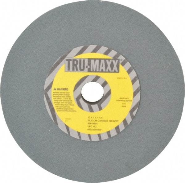 Tru-Maxx - 120 Grit Silicon Carbide Bench & Pedestal Grinding Wheel - 10" Diam x 1-1/4" Hole x 1" Thick, 3250 Max RPM, K Hardness, Fine Grade , Vitrified Bond - Benchmark Tooling