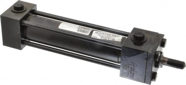 Schrader Bellows - 1-1/2" Bore, 5/8" Rod Diam, Double Acting NFPA Tie Rod Cylinder - 6" Stroke Length, 7/16-20 Rod Thread, 12-3/8" OAL, Prepared for Bolt on Mount - Benchmark Tooling