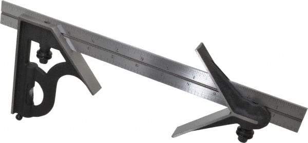 Starrett - 3 Piece, 12" Combination Square Set - 1/16, 1/32, 1/64 & 1/8" (4R) Graduation, Steel Blade, Cast Iron Center & Square Head - Benchmark Tooling