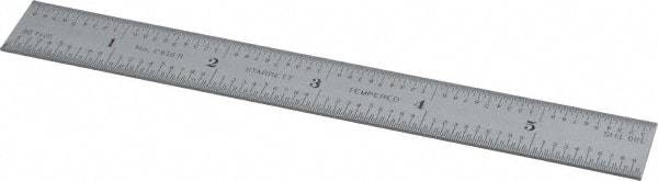 Starrett - 6" Long, 1/100, 1/64, 1/50, 1/32" Graduation, Rigid Spring Steel Rule - 16R Graduation Style, 3/4" Wide, Silver, Satin Chrome Finish - Benchmark Tooling