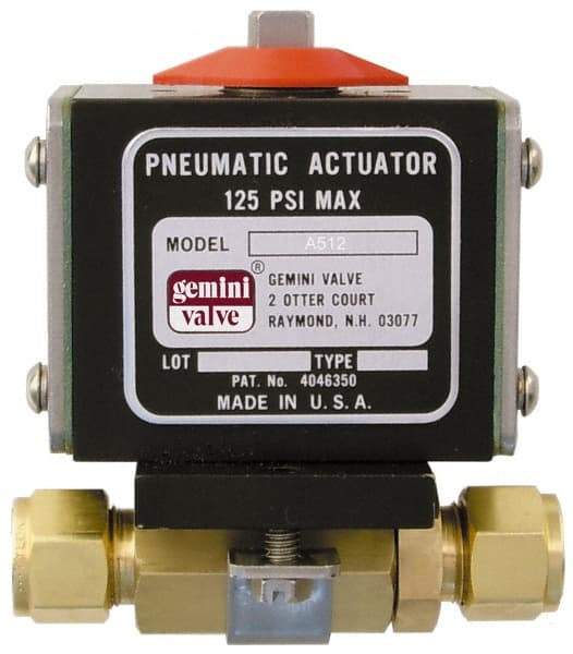 Gemini Valve - 1" Pipe, 1,000 psi WOG Rating Brass Pneumatic Double Acting with Solenoid Actuated Ball Valve - Reinforced PTFE Seal, Standard Port, TYLOK (Compression) End Connection - Benchmark Tooling