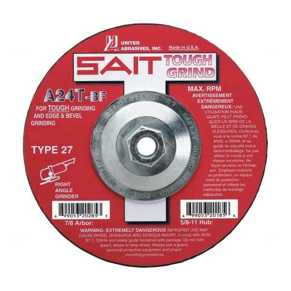 Sait - 24 Grit, 9" Wheel Diam, 1/4" Wheel Thickness, Type 27 Depressed Center Wheel - Aluminum Oxide, Resinoid Bond, T Hardness, 6,600 Max RPM, Compatible with Angle Grinder - Benchmark Tooling