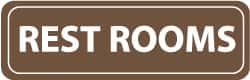 NMC - Rest Rooms, 11" Wide x 3.5" High, Acrylic Sign - English, White on Brown, Wall Mount - Benchmark Tooling