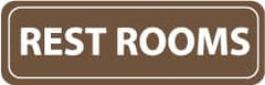 NMC - Rest Rooms, 11" Wide x 3.5" High, Acrylic Sign - English, White on Brown, Wall Mount - Benchmark Tooling