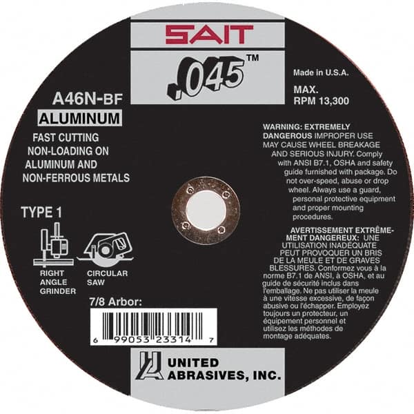 Sait - 6" 46 Grit Aluminum Oxide Cutoff Wheel - 0.045" Thick, 7/8" Arbor, 10,200 Max RPM, Use with Angle Grinders - Benchmark Tooling