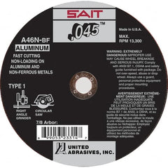 Sait - 6" 46 Grit Aluminum Oxide Cutoff Wheel - 0.045" Thick, 7/8" Arbor, 10,200 Max RPM, Use with Angle Grinders - Benchmark Tooling