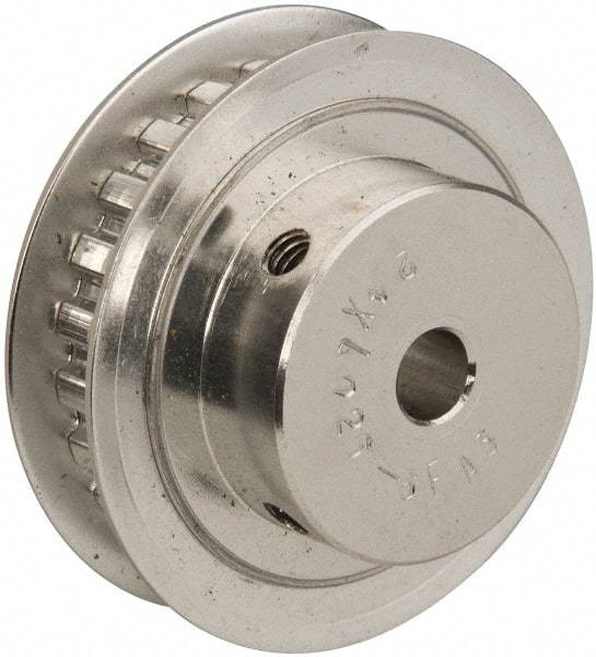 Power Drive - 24 Tooth, 1/4" Inside x 1.508" Outside Diam, Hub & Flange Timing Belt Pulley - 1/4" Belt Width, 1.528" Pitch Diam, 0.438" Face Width, Aluminum - Benchmark Tooling