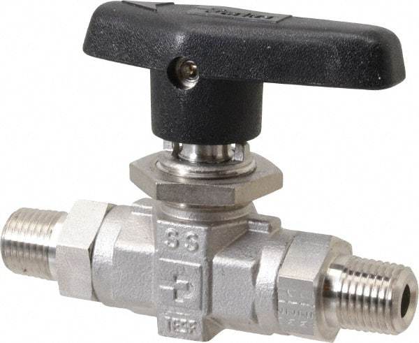 Parker - 1/4" Pipe, MNPT x MNPT End Connections, Stainless Steel, Inline, Two Way Flow, Instrumentation Ball Valve - 6,000 psi WOG Rating, Wedge Handle, PTFE Seal, PTFE Seat - Benchmark Tooling